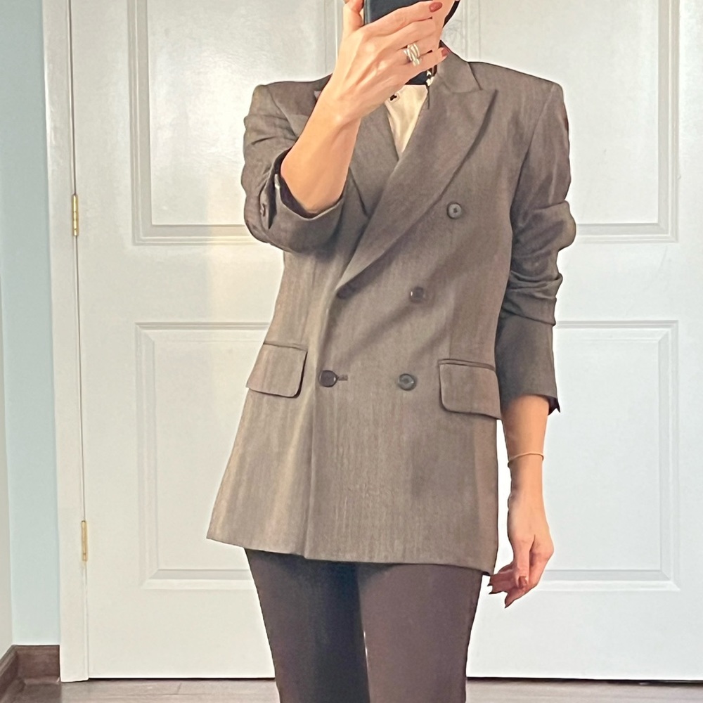 DKNY 100% wool brown herringbone double breasted jacket blazer size 4